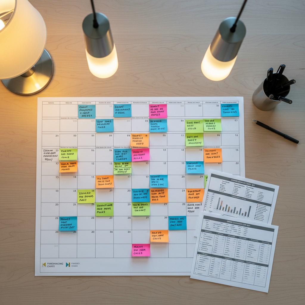 A desk with a calendar, a printer, pen caddy, and lamps.